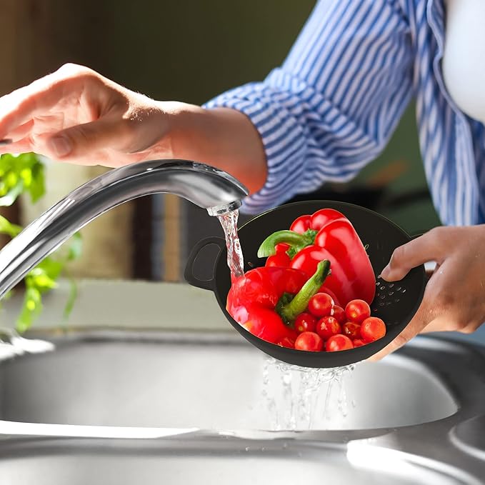 Meadow Lane 6-inch Small Colander, BPA-Free, Dishwasher Safe, Double Handles, Compact Food Strainer for Berries, Veggies and Pasta, 3-Cup Capacity, Black and Gray, 2-Pack