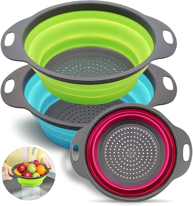 Silicone Collapsible Colander Sink Colander Collapsible Camping Versatile Collapsible Strainer Sink strainer basket over Sink Strainer (Red Green Blue)