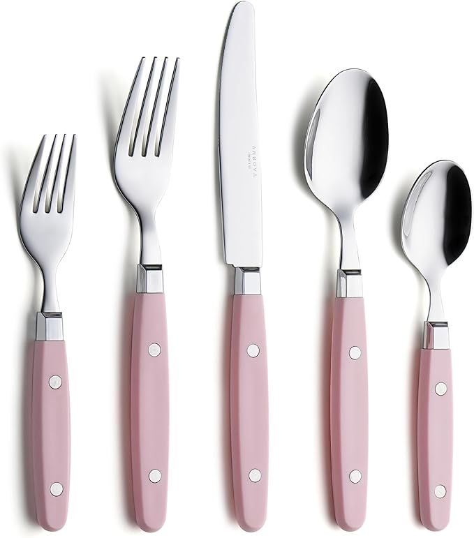 ANNOVA Silverware Set, Retro/Rivet Colorful Stainless Steel Tableware Kitchen Flatware Set Utensils, Includes Dinner Knives, Forks, Spoons, Salad Forks & Dessert Spoons (Light Pink, 20 Pieces)