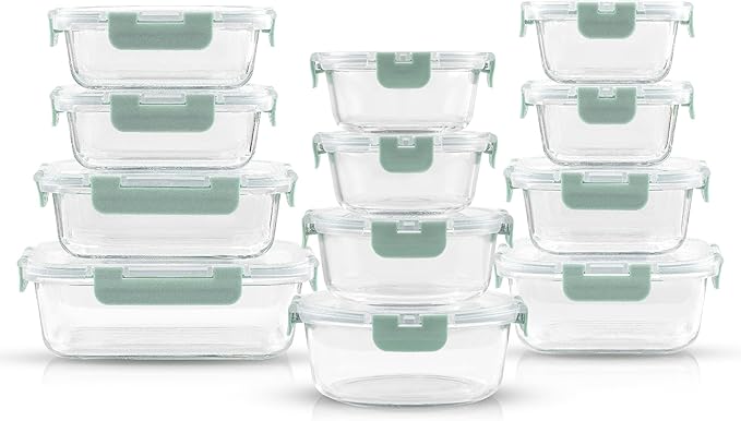 JoyJolt 24pc Borosilicate Glass Storage Containers with Lids | 12 Airtight/Freezer Safe Food Storage Containers for Pantry and Kitchen | Meal Prep Container for Lunch | Glass meal Set