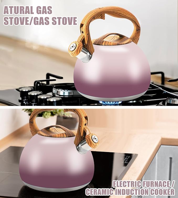 Tea Kettle for Stove Top, 3.2QT Whistling Tea Pots with Wood Parttern Handle, Stainless Steel Teapot for Home and Kitchen (Purple Gradient)