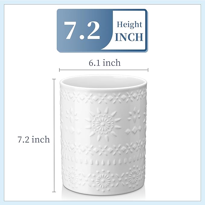 LOVECASA Extra Large Kitchen Utensil Holder, 7.2" Ceramic Farmhous Utensil Holder For Kitchen Countertop Décor With Heavy And Sturdy Base, Utensil Crock Organizer, White