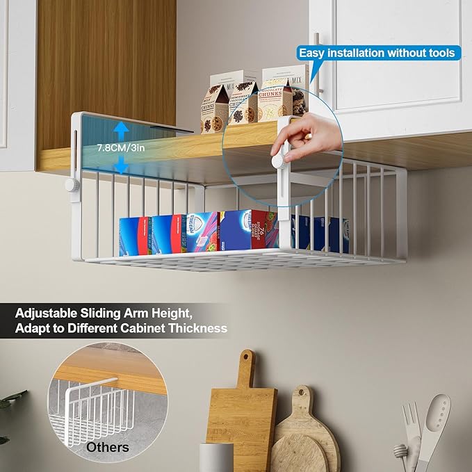 2Pack Under Shelf Basket Organizer,Adjustable Hanging Holder Storage for Cabinet Pantry Kitchen Cupboard Desk Counter Bookshelf Organization Add-on Space Saver Heavy Duty Slide-in,White