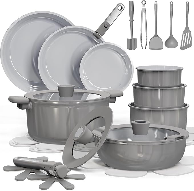 CAROTE 27pcs Ceramic Cookware Set Nonstick, Pots and Pans Set Non Stick, Non Toxic Cookware Detachable Handles, Dishwasher/Oven Safe, RV/Camping Cookware, Pan and Pot with Kitchen Utensils, Dark Gray