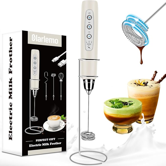 Colarlemo Milk Frother Handheld Rechargeable with Stand, Frother Wand Drink Mixer Electric Whisk for Coffee, Detachable With 3 Stainless Whisks, Hand Mixer for Lattes, Cappuccino, Matcha, Egg, Beige