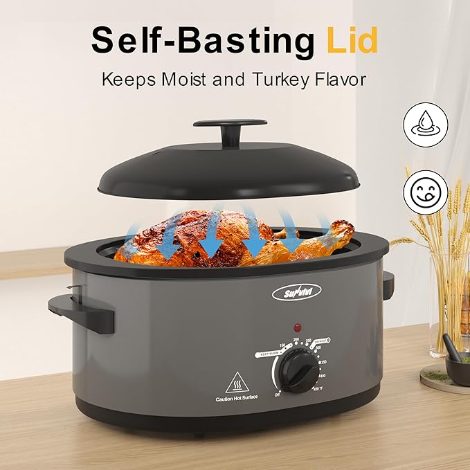 8 Quart Roaster Oven with Self-Basting Lid, with Removable Roasting Rack, Turkey Defrost & Warm Function, Adjustable Temperature for Use as a Slow Cooker, Stainless Steel, Grey