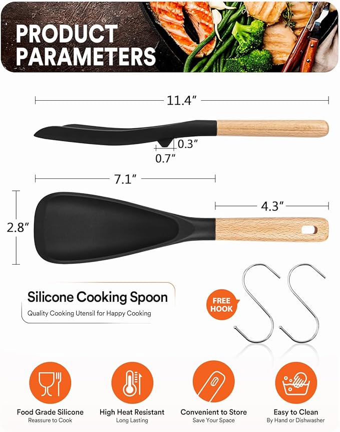 Cooking Spoon for Nonstick Cookwares, Great for Cooking and Serving Sturdy BPA-Free Matte Silicone, Wood Handle Spoon for Mixing, Scoop, and Scrape (Black & Red, 11.4 inch)