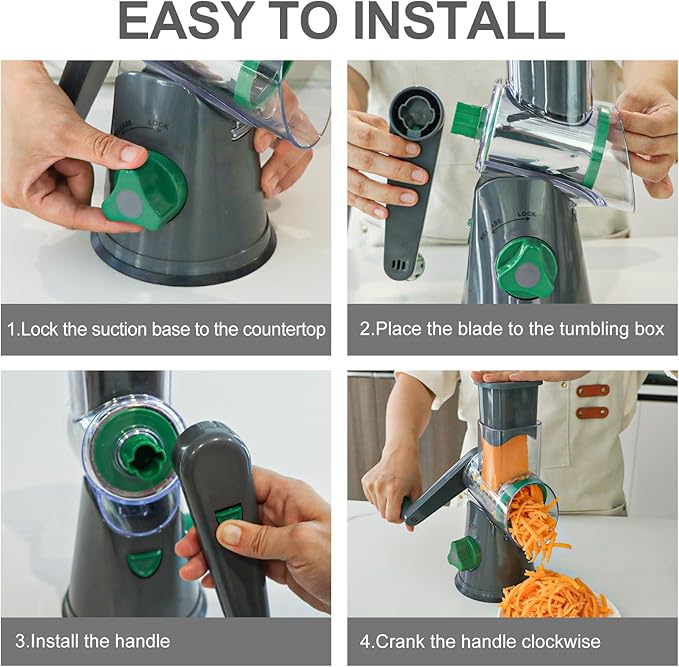 Cambom Rotary Cheese Grater Hand Crank Cheese Shredder for Fresh Cheese, Vegetable, Nuts,Non-slip Suction Base, Free Cleaning Brush Three Blades, Grey and Green