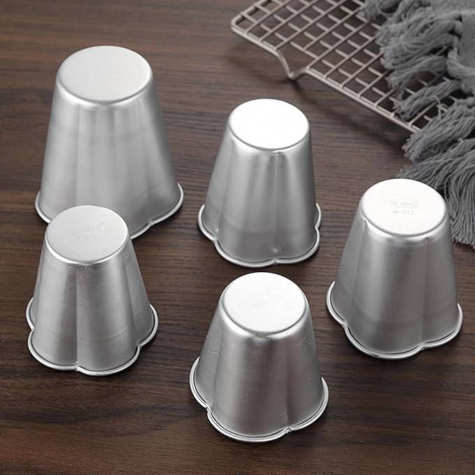 6 Packs Popover Pan, Aluminium Pudding Tin Cup Baking Maker, Individual Muffin Chocolate Molten Brownie Tumbler Raspberry Souffle Cupcake Moulds - Five-Petaled Flower Pudding 3"x 2.8"