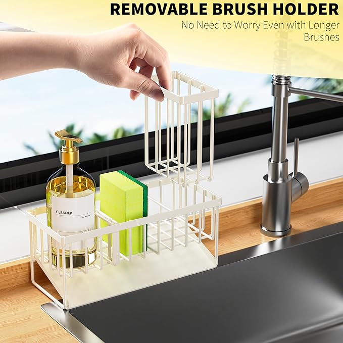Cisily Off White Sponge Holder for Kitchen Sink, Sink Caddy Organizer with High Brush Holder, Kitchen Countertop Rustproof 304 Stainless Steel, Soap Dispenser Kitchen Organizers and Storage Essentials