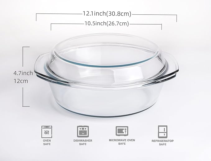 Round Tempered Glass Casserole Dish with Lid, Glass Casserole Baking Dish for Oven, Freezer and Dishwasher Safe - 3QT