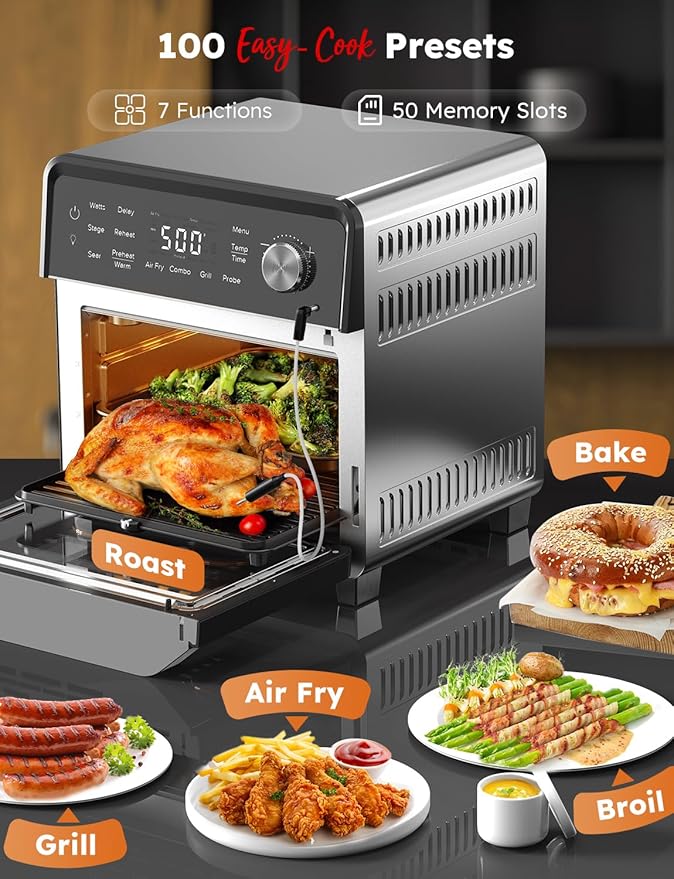 Nuwave Plug-In Grill Air Fryer Oven Combo w/Sheath Heaters, Authentic Char Flavor, 2024 New Convection System, 2X More Even, 100 Presets, Smarter Probe, 50-550°F, Stainless Steel