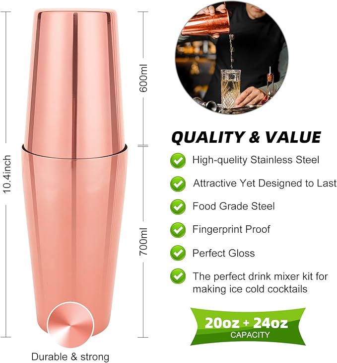 Cocktail Shaker Set, 23-Piece Boston Stainless Steel Bartender Kit with Acrylic Stand & Cocktail Recipes Booklet, Professional Bar Tools for Drink Mixing, Home, Bar, Party - Gold Rose