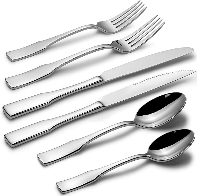 Alata Kate 36-Piece Silverware Set with Steak Knife, Stainless Steel Flatware Set Service for 6, Mirror Polished Cutlery Set Dishwasher Safe