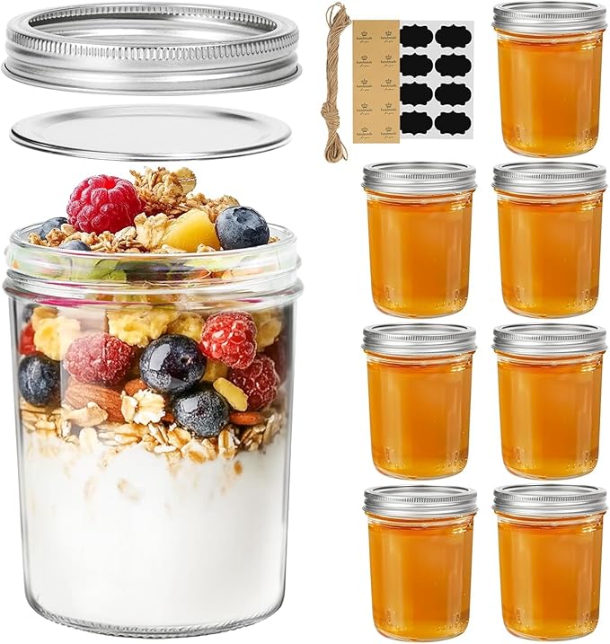 ComSaf Wide Mouth Mason Jars 16oz - 8 Pack, Pint Mason Jars with Lids and Seal Bands, Glass Canning Jars for Pickling, Jam, Jelly, Honey, Salad, Desert, Shower Wedding Favors, DIY Candles Decor