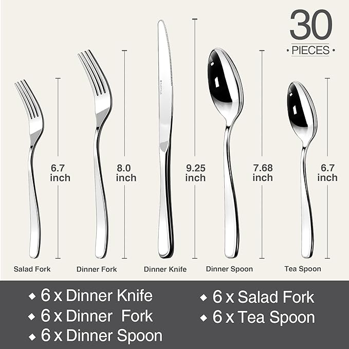 Silverware Set for 6, 30 Piece 18/10 Stainless Steel Flatware Utensils Cutlery Set, Mirror Polished knives Forks and Spoons Silverware Sets,Dishwasher Safe for Dinner Home Kitchen,Wedding Party