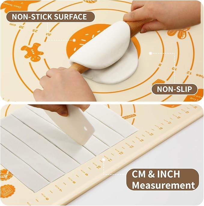 DANIA & DEAN Silicone Baking Mat - Upgrade 26x16 Inch Extra Thick Pastry Mat with Measurements, Non-Slip and Reusable, Kneading Dough Mat for Kitchen Counter, Bread, Cookies, Pizza, Fondant, Pasta