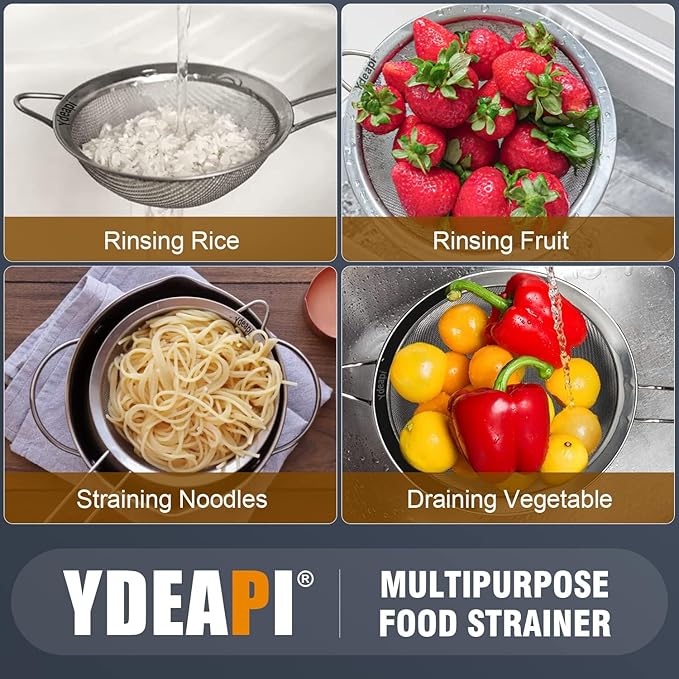 Ydeapi Fine Mesh Strainer, Stainless Steel Kitchen Strainers with Sturdy Handle, Set of 4 Metal Sieve for Food, Rice, Quinoa, Tea - 8.6", 6.3", 4.6", 2.7"