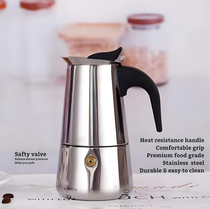 Stainless Steel Moka Pot Espresso Maker,Stovetop Moka Pot,Percolator Coffee Pot,Italian Coffee Maker,Cuban Café Brewing,Greca Coffee Maker (4 CUP)