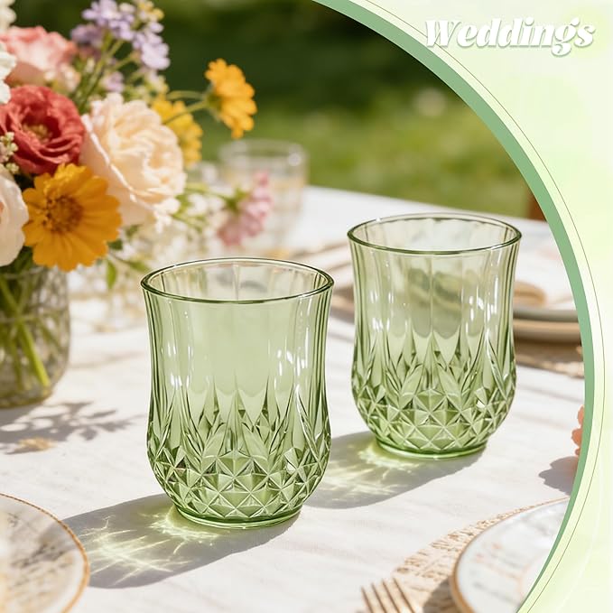 12 Pack Plastic Stemless Wine Glasses,12oz Unbreakable Vintage Elegant Drinking Glass Set,Reusable Fancy Cocktail Cups for Party, Wedding, and Bulk Events (12, 12oz-Sage Green)