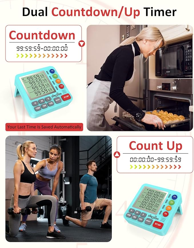 Digital Kitchen Timer for Cooking - 4 Channel Count Up Countdown Timer with Loud Alarm and Silent Mode, Large Display, Magnetic Back, Auto Memory for Classroom Study Gym, Battery Included (Mint Green)