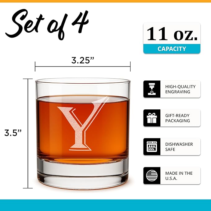 Monogrammed Gifts for Men - 4PC 11 Oz Custom Whiskey Glasses (Y-Monogram) - Engraved Whiskey Glasses - Personalized Whiskey Glasses - Unique Bourbon Glasses - Personalized Glass Gifts for Dad