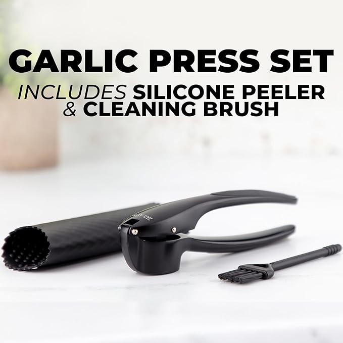 Zulay Kitchen Premium Garlic Press Set – Rust Proof & Dishwasher Safe Garlic Mincer Tool with Silicone Garlic Peeler & Brush, Easy Squeeze & Clean, Ergonomic Soft Grip Handle - Medium – Black