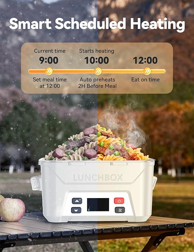 EAST OAK Heated Lunch Box for Men, Electric Lunch Box for Adults, 5.5 Cups Cordless Portable Food Warmer, Rechargeable Self Heating Food Heater with Memory Function, Automatic Keep Warm(White)