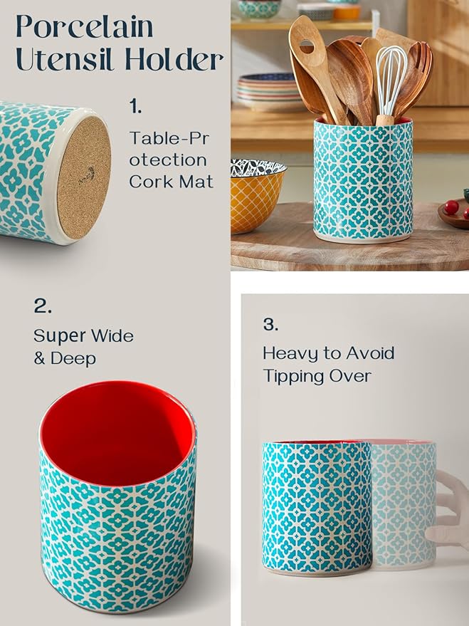 DOWAN Colorful Large Utensil Holder, 7.2" x 6.2" Ceramic Kitchen Utensil Holder for Countertop, Vibrant Patterned Utensil Crock with Protection Cork Mat, Utensil Caddy for Housewarming & Wedding Gift