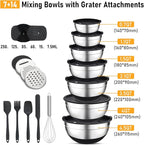 Unokit Mixing Bowls with Lids Set - 7 Pcs Stainless Steel Mixing Bowls with 3 Grater Attachments, Non-Slip Silicone Base Mixing Bowl Set for Kitchen