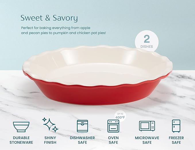 KooK Pie Pan, Ceramic Reusable Round Pie Dish, Quiche Baking Dish, Deep, Wave Edge, For Cakes, Tart, Casseroles, Tarts, Microwave, Oven and Dishwasher Safe, 9-Inch, 36 oz, Set of 2, Cherry