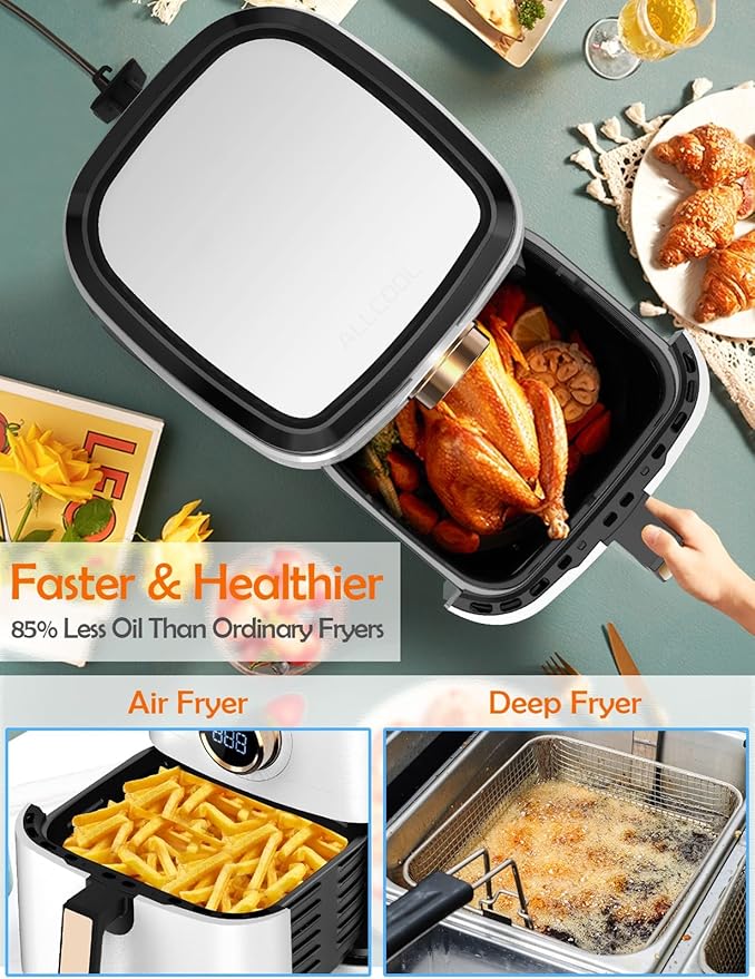 Air Fryer, ALLCOOL Airfryer Oven 8QT Large Air Fryer 1700W 8-in-1 with Touch Screen Air Fryers Dishwasher Safe Nonstick Tray Freidora de Aire 32 Recipes BPA & PFOA Free White Air Fryer