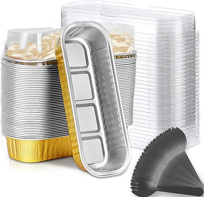 Findful Mini Loaf Baking Pans with Lids and Spoons (50 Pack, 6.8oz) Rectangle Aluminum Foil Baking Pans Tins Containers - Cupcake Containers Wrappers Cheesecake Creme Brulee Ramekins
