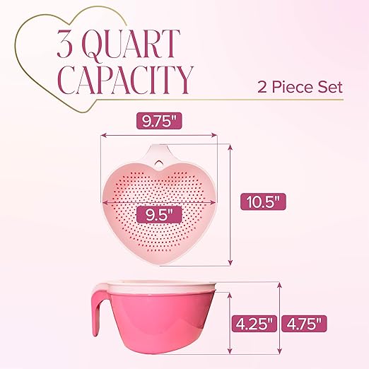 Paris Hilton Heart Bowl & Colander Set, Nesting 2-Piece Design with 3-Quart Capacity, Dishwasher Safe, Made without BPA, Pink