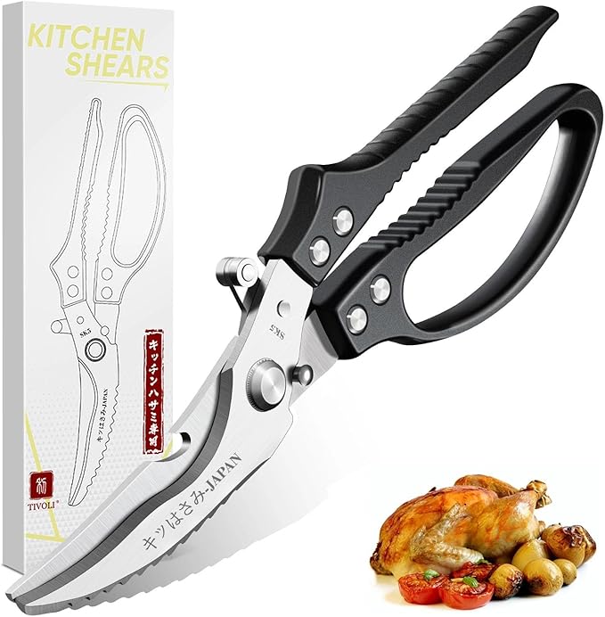 TIVOLI Poultry Shears Black,Japanese Kitchen Shears Heavy Duty with Non-Slip Handle & Safety Lock,Multifunctional Kitchen Scissors for Chicken, Meat, Turkey, Fish, Vegetables,Ideal Gift