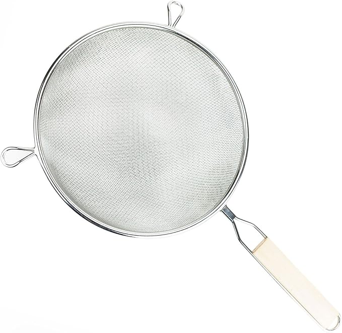 Huji Stainless Steel Fine 8" Double Mesh Food Strainer Colander Sieve Sifter with Wooden Handle for Kitchen Rice Pasta Noodles (2 Pack)