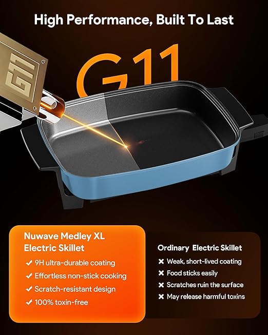 Nuwave Medley XL Digital Electric Skillet, Family Size Griddle w/Glass Lid, 2025 New & Improved Precision Heating, 100°-425°F, PFAS Free G11 Nonstick Ceramic Coating, Portable Hot Plate, 7qt Capacity