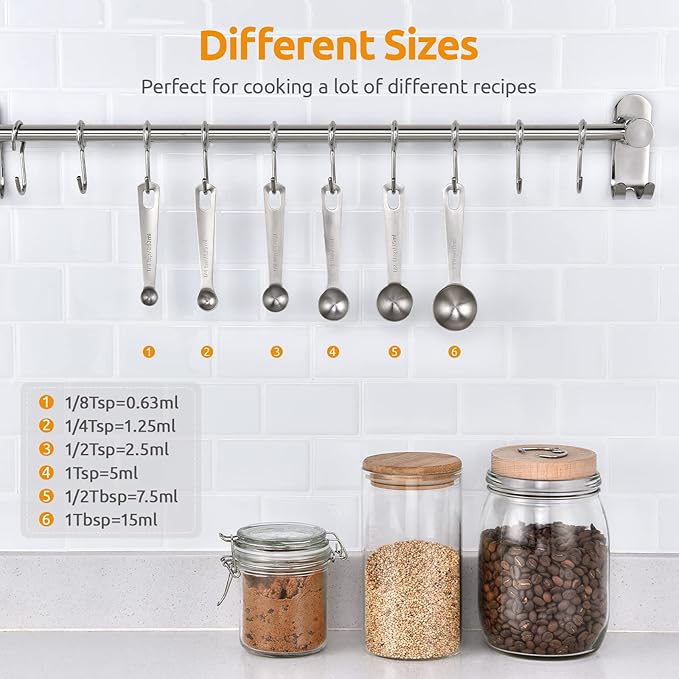 Measuring Spoons: U-Taste 18/8 Stainless Steel Measuring Spoons Set of 6 Piece: 1/8 tsp, 1/4 tsp, 1/2 tsp, 1 tsp, 1/2 tbsp & 1 tbsp Dry and Liquid Ingredients