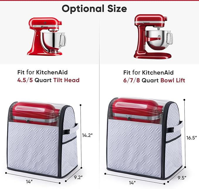 BAGSPRITE Full Open Stand Mixer Cover with Slider Base Compatible with KitchenAid 6-8 Qt Bowl-Lift Mixers – Dustproof Quilted Kitchen Aid Mixer Cover with Pockets for Accessories & Attachments