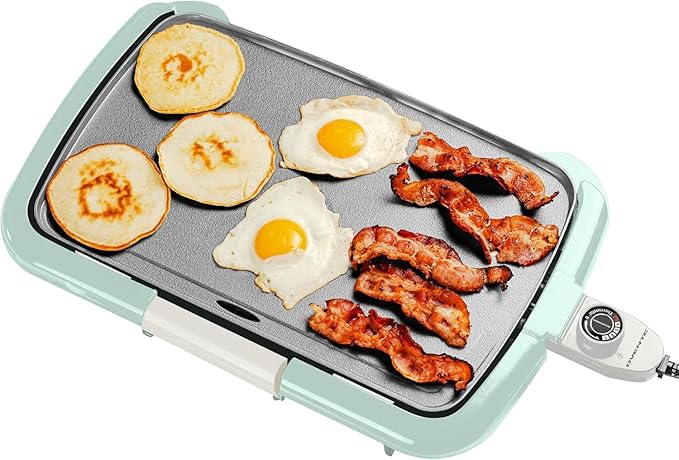 OVENTE Electric Griddle with 16 x 10 Inch Flat Non-Stick Cooking Surface, Removable and Adjustable Temperature Control, Indoor Grill for Instant Breakfast, Pancakes, Eggs or Burgers, Blue GD1610LBL