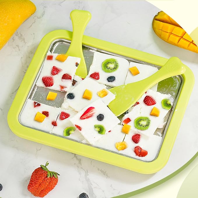 Ice Maker,Ice Cream Makers,Yogurt Countertop Machine,Stainless Steel Homemade DIY Instant Freeze Dried Cream Roll Pot with 2 Scrapers,Frozen Fruit Chocolate Strawberries Yogurt Machines