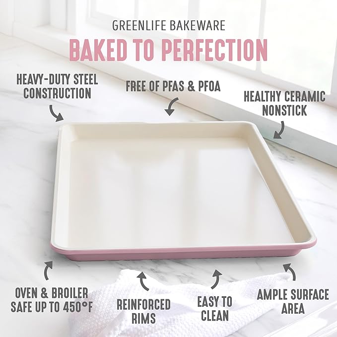 GreenLife Bakeware 18” x 13” Half Cookie Sheet Baking Pan, Non-Toxic PFAS-Free Healthy Ceramic Nonstick, Oven Safe to 450°F, Easy Release, Even Heating, Easy Clean, Pink