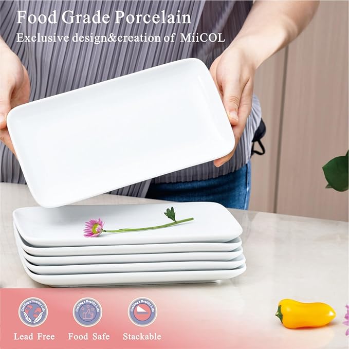 Miicol Small Platters Set of 6, Ceramic Rectangle Plates 9 Inch, Modern Sushi Plate Set, White Serving Dishes for Serving Food, Appetizer, Dessert, Dinner, Party