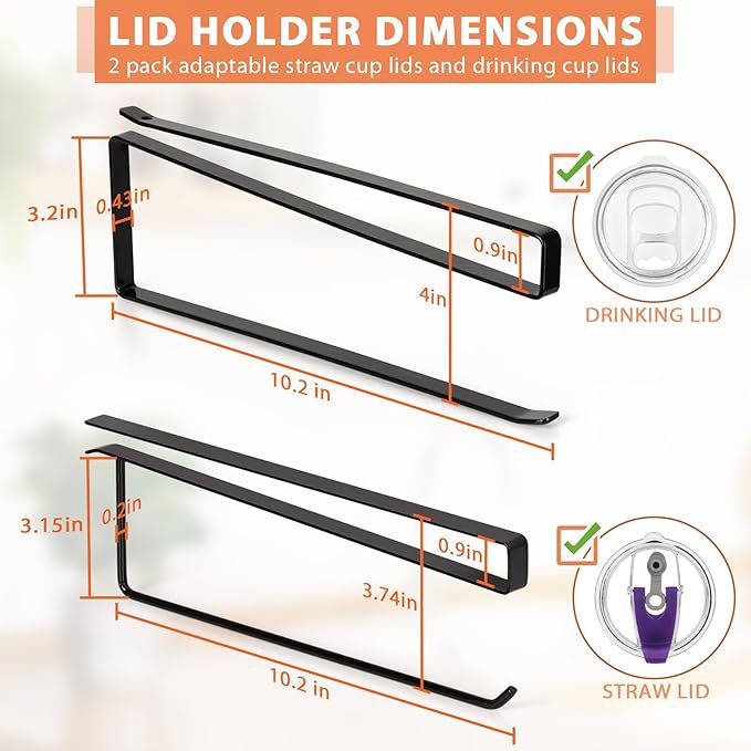 2 Pack Tumbler Lid Organizer, Horizontal Tumbler Lid Storage Hook Up to 20 Lids, Space Saving Cup Lid Holder Under Cabinet Tumbler Lid Hook for Kitchen Organizer, Paper Towel Hanger(Round&Flat, Black)
