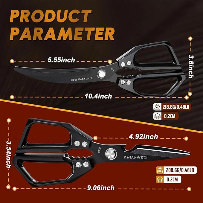 HUUSK Kitchen Scissors Set Black - Stainless Steel Kitchen Shears, Sharp Meat Scissors Dishwasher Safe, Heavy Duty Poultry Shears All Purpose, Japanese Cooking Scissor for Food,Christmas Gifts for Men