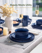 Famiware Star 24-Piece Plates and Bowls Set with Trim, Service for 8 - Stoneware Reactive Glaze Dinnerware, High Edge Ribbed Dishes, Chip & Scratch Resistant, Microwave & Dishwasher Safe, Nebulas Blue