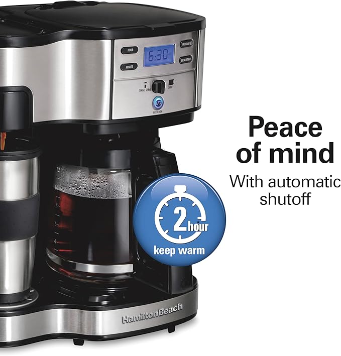 Hamilton Beach 2-Way Programmable Coffee Maker, 12 Cup Glass Carafe And Single Serve Coffee Maker, Black with Stainless Steel Accents, 49980RG