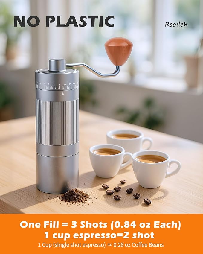 Manual Coffee Grinder with Stainless Steel Burr - 22g Capacity Handheld Mill for Espresso, with 55 Adjustable Settings & Quiet -Extra Fine - Portable Coffee Bean Grinder for Home use