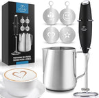 Zulay Premium Gift Milk Frother Set – Handheld Coffee Frother with Stand, 12oz/350ml Frothing Pitcher + 4 Latte Art Stencils – 13,000 RPM Motor, SS Whisk, Battery Operated – Barista Kit (Black)