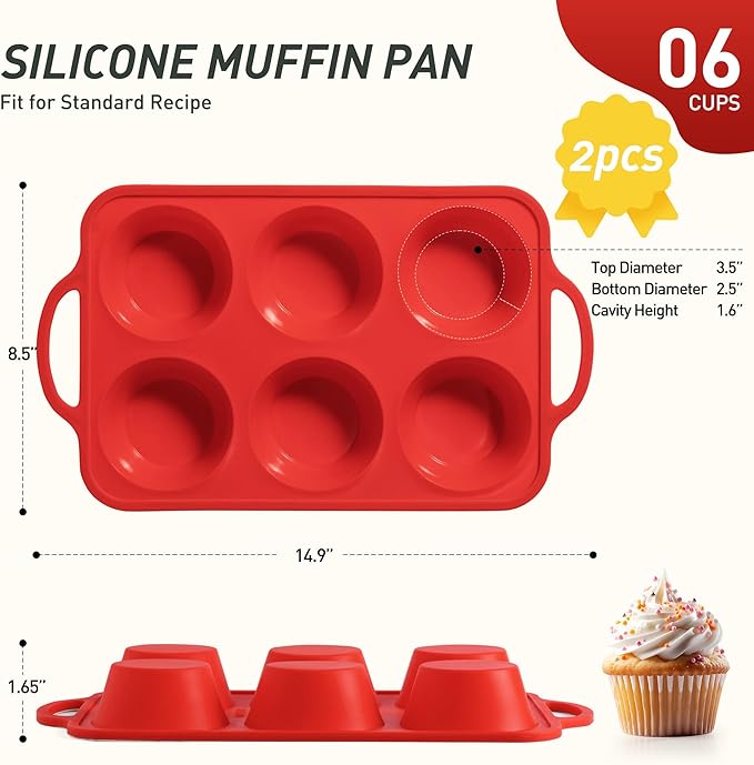 2 Packs 6 Cups Silicone Muffin Pan with Metal Reinforced Frame Jumbo Size Cupcake Pan Tray Egg Bites Silicone Circle Cookie Molds Muffin Tin Tart Pans Large Big Baking Sheet Set for Breakfast